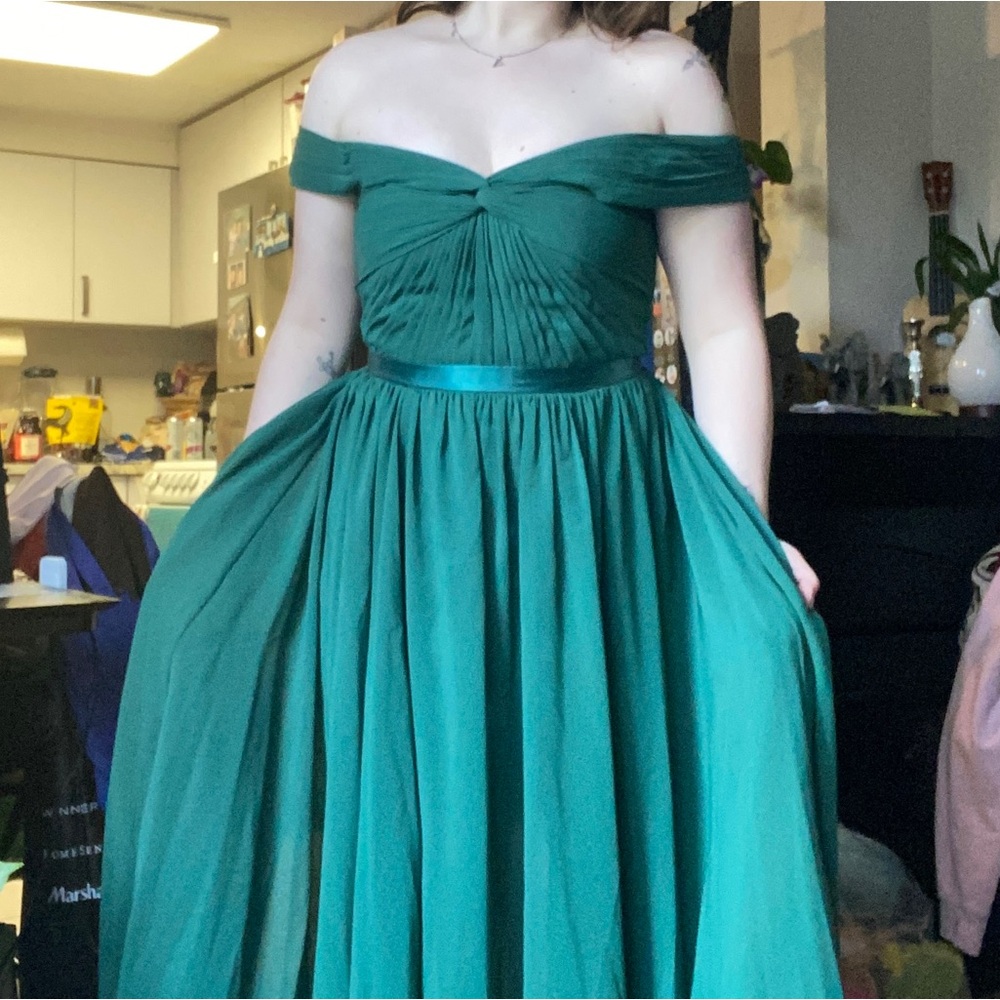Green A-Line Off The Shoulder Sweep Train Charmeuse Chiffon Evening Prom Dress